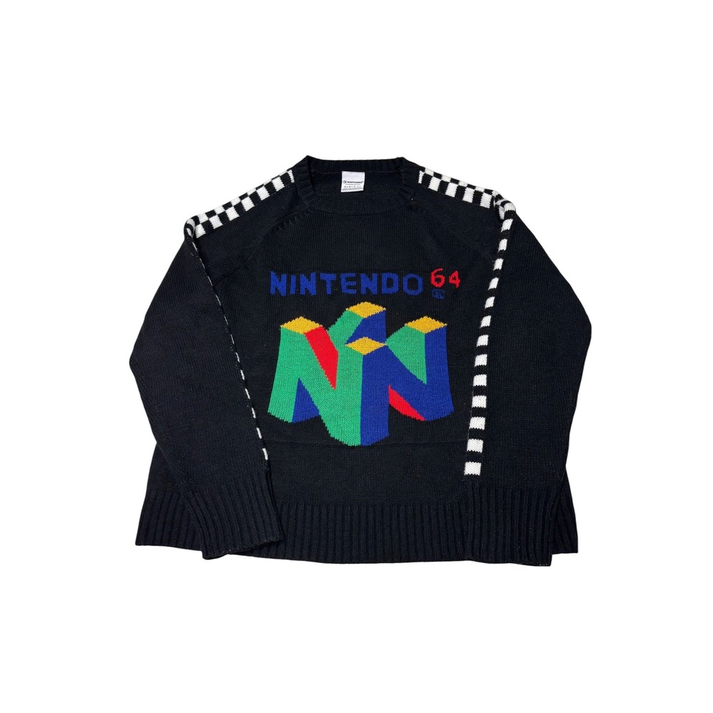 Nintendo‎ 64 Retro Logo Knit Sweater Black Checkered Sleeve Womens Large N64